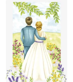 Bryllupskort – Brudepar med blomster, A6 Dobbeltkort