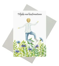 Dobbeltkort, Konfirmationskort m dreng i blomstermark, A6