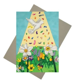 Dobbeltkort m. kuvert, Pinsedue med forårsblomster