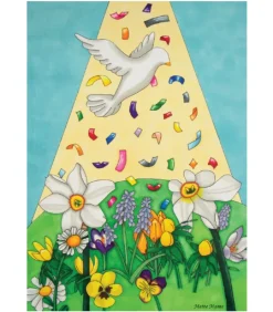 Dobbeltkort m. kuvert, Pinsedue med forårsblomster