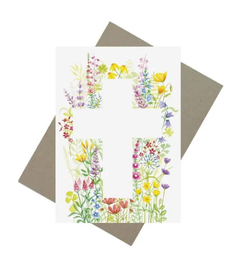 Kort m. kors og blomster m. kuvert, A6 Dobbeltkort