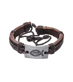 Læderarmbånd med fisk og Jesus