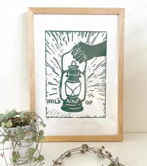 Linoleumstryk: Hold håbet op, A4 Plakat, Flaskegrøn