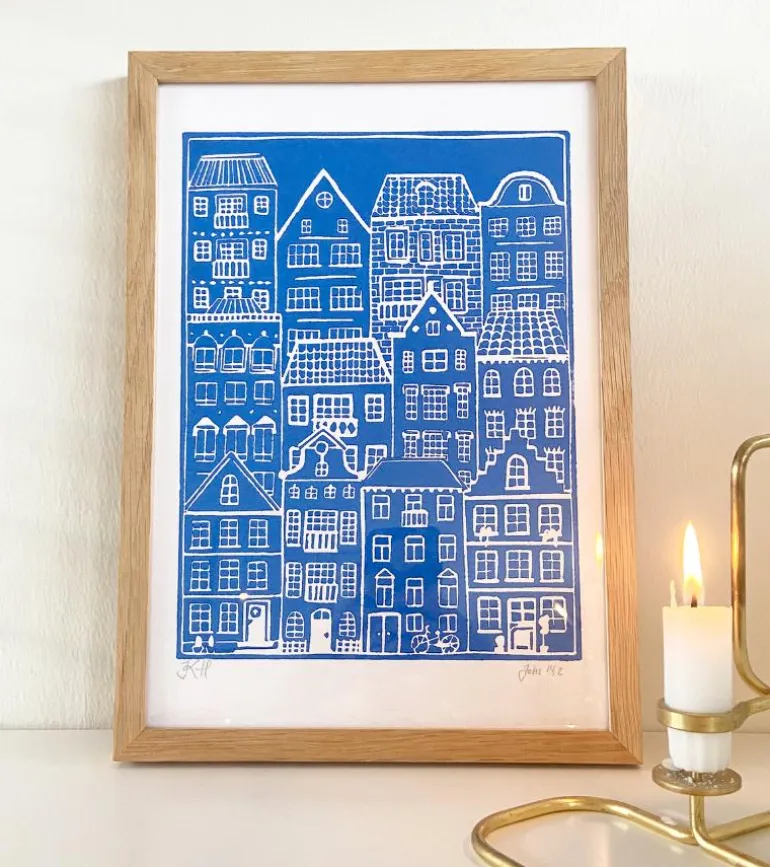 Linoleumstryk: I min faders hus er der mange boliger, A4 Plakat, Blå