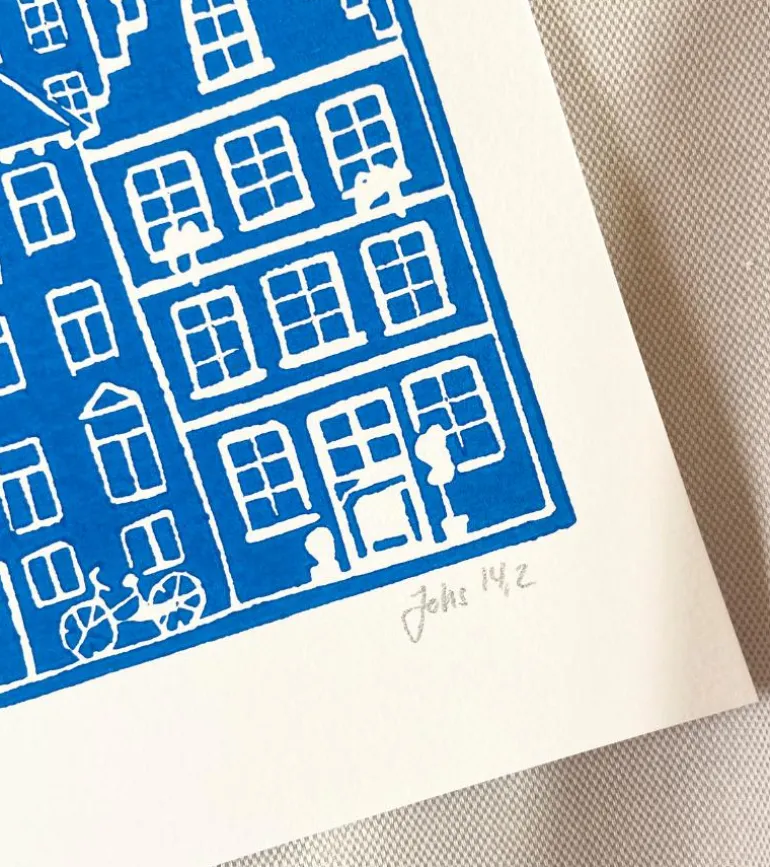 Linoleumstryk: I min faders hus er der mange boliger, A4 Plakat, Blå