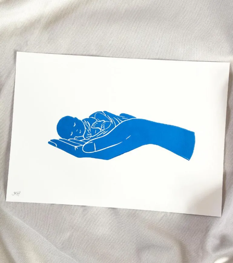 Linoleumstryk: Lille Guds barn, A4 Plakat, Blå