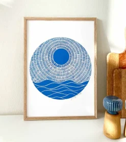 Linoleumstryk, Se nu stiger solen, Blå, A3 Plakat