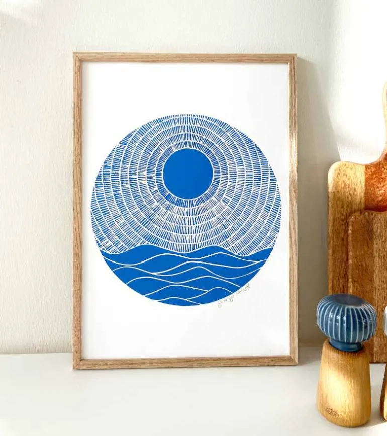 Linoleumstryk, Se nu stiger solen, Blå, A3 Plakat