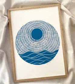 Linoleumstryk, Se nu stiger solen, Blå, A3 Plakat