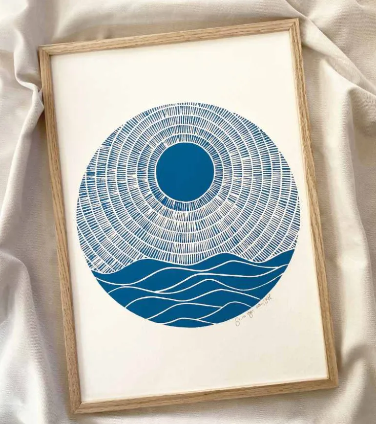 Linoleumstryk, Se nu stiger solen, Blå, A3 Plakat