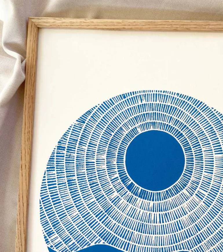 Linoleumstryk, Se nu stiger solen, Blå, A3 Plakat