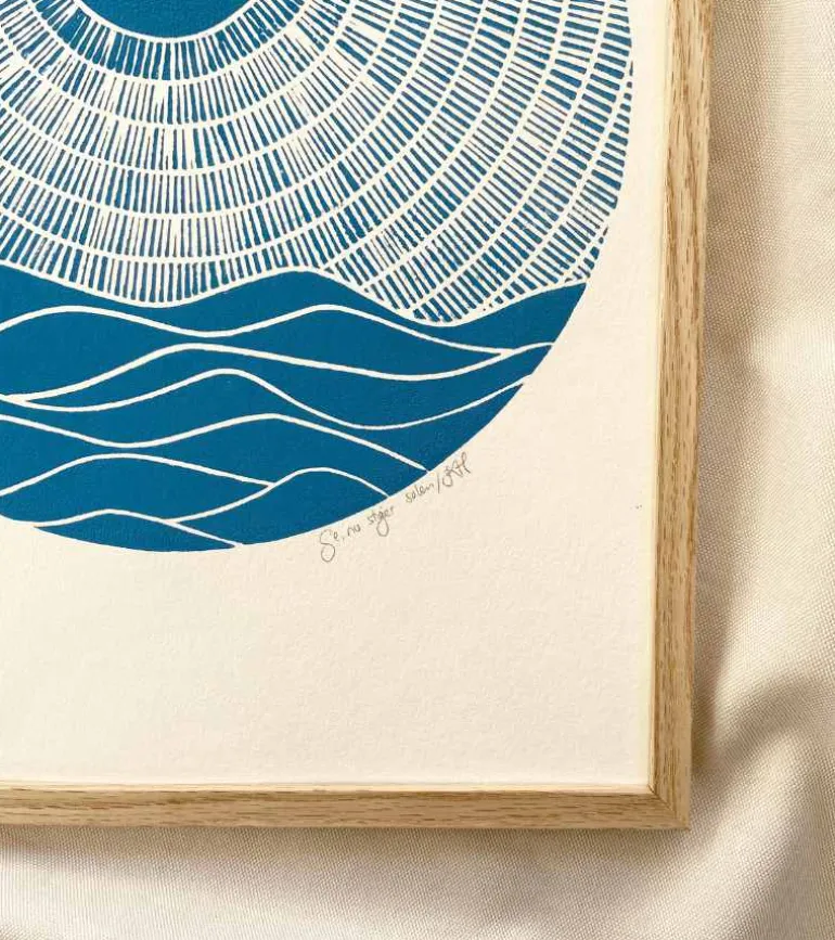 Linoleumstryk, Se nu stiger solen, Blå, A3 Plakat