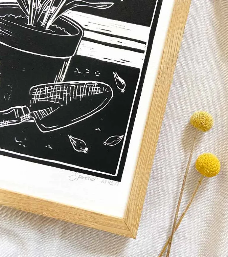 Linoleumstryk: Spiretid, A4 Plakat, Sort